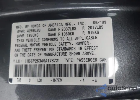 2009 Honda Accord 2.4 Lx z USA, uszkodzony, nr VIN 1HGCP26349A178721